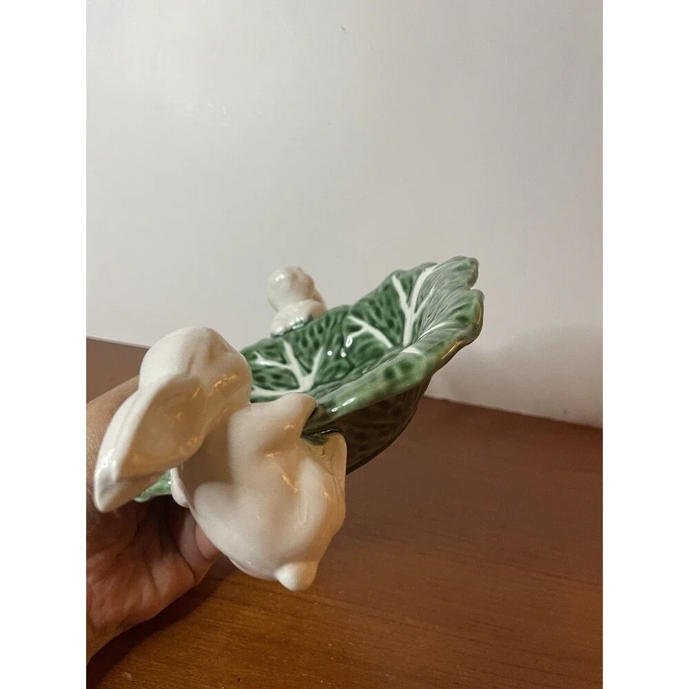 NEW- Maxcera, EASTER Bunny Rabbits Cabbage Green White Ceramic Candy Bowl Decor